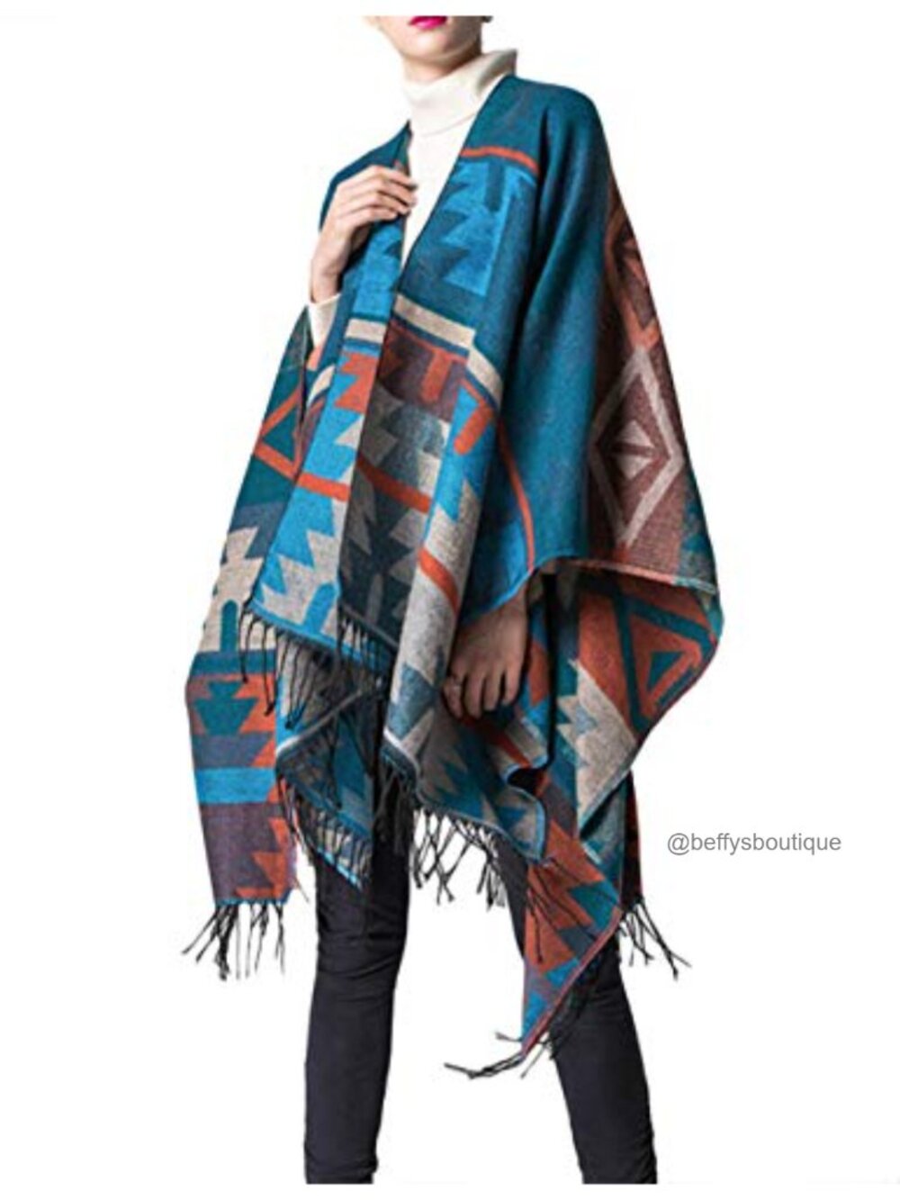 Womens Poncho Sweater Open Front Geometric Print Scarf Cape Shawl